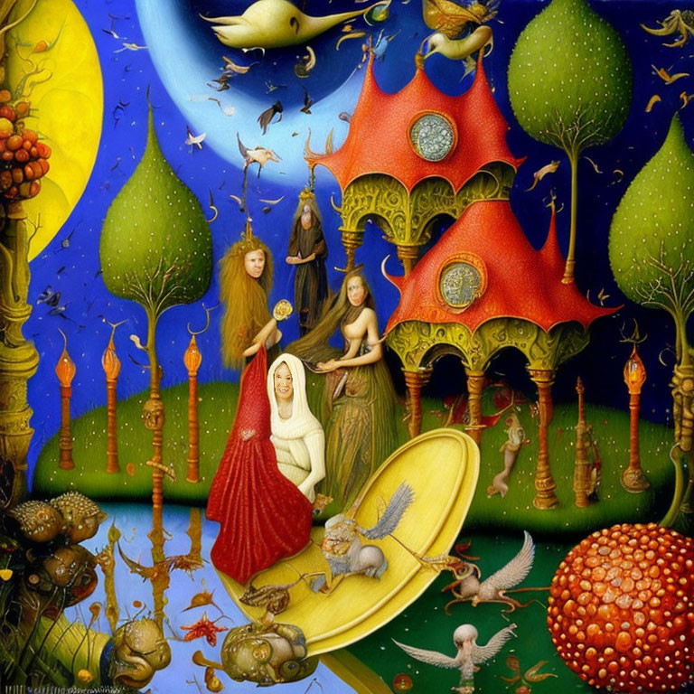 Surrealistic Painting of Women, Creatures, and Mushroom Houses