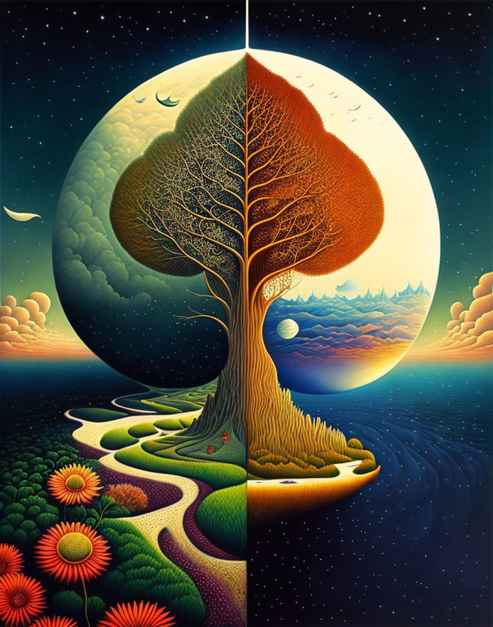 Surreal illustration: Tree dividing day and night with sunflowers and river into starry evening landscape