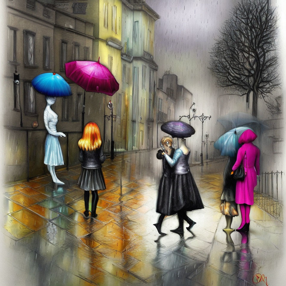 Vibrant illustration: people with umbrella heads in rainy cityscape