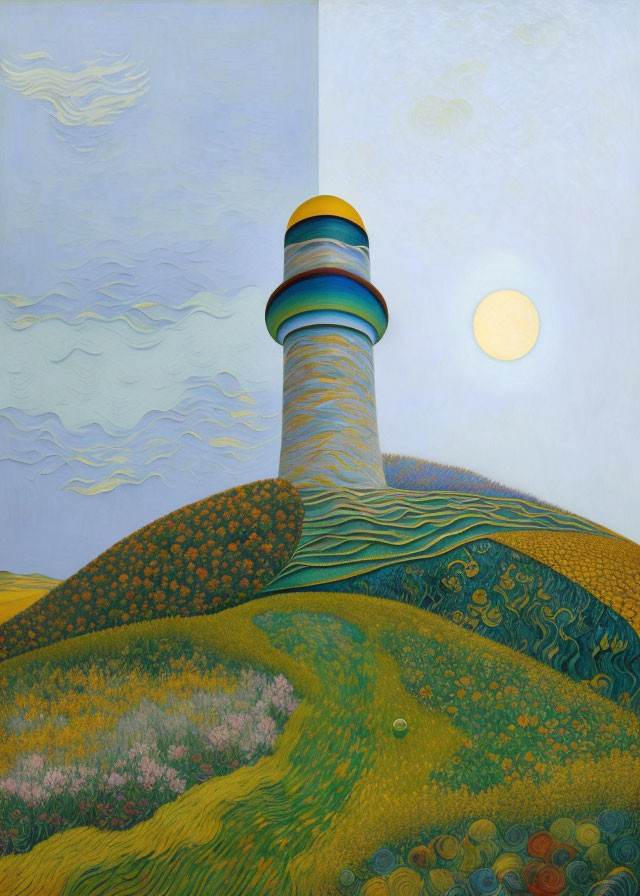 Colorful lighthouse painting on rolling hills with textured ground, calm sea, and soft sky