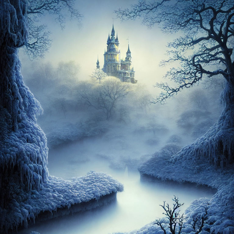 Mystical winter castle surrounded by frost-covered trees and frozen river