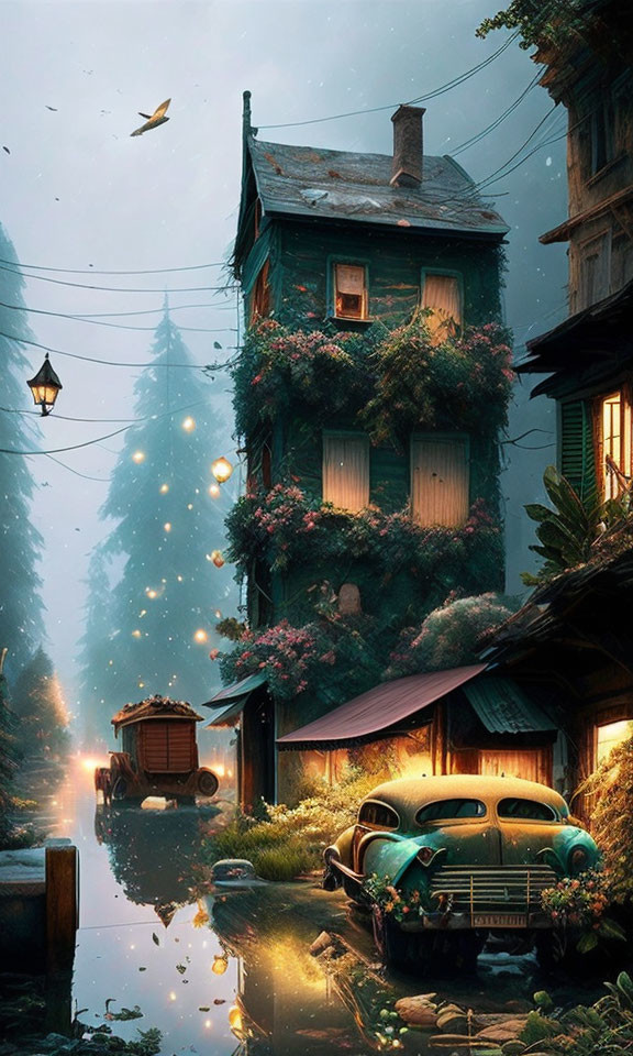 Charming forest scene with multi-story house, vintage car, and wooden cabin