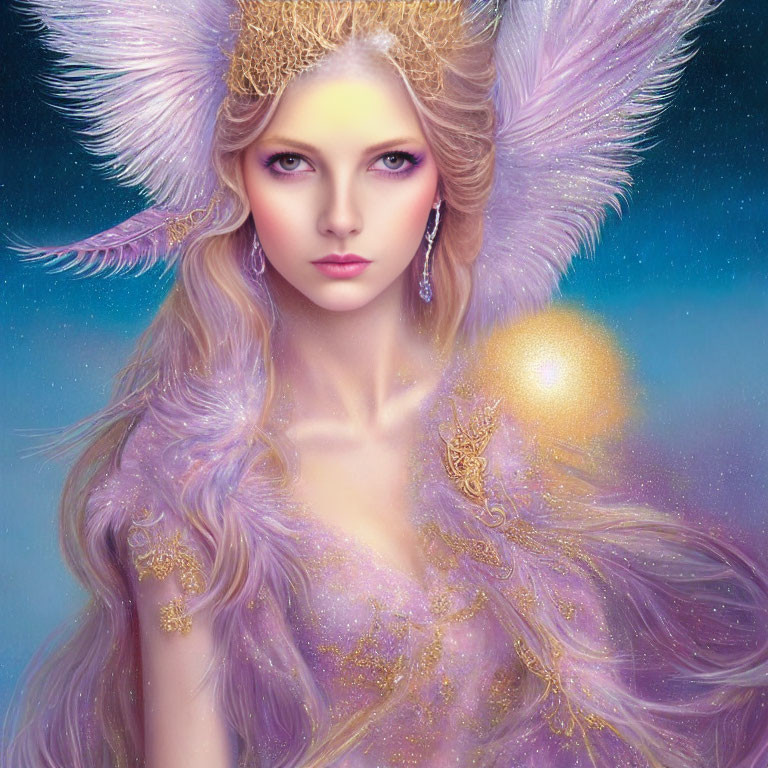 Fantasy Woman with Purple Feathery Accessories and Golden Ornaments