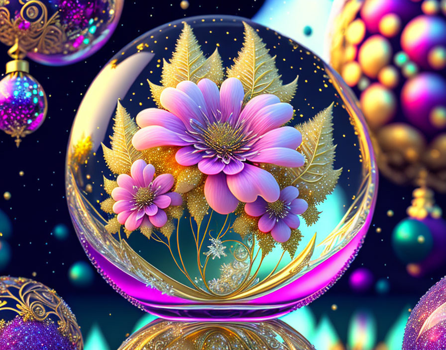 Colorful digital artwork: Crystal ball, golden ferns, purple flowers, ornate spheres