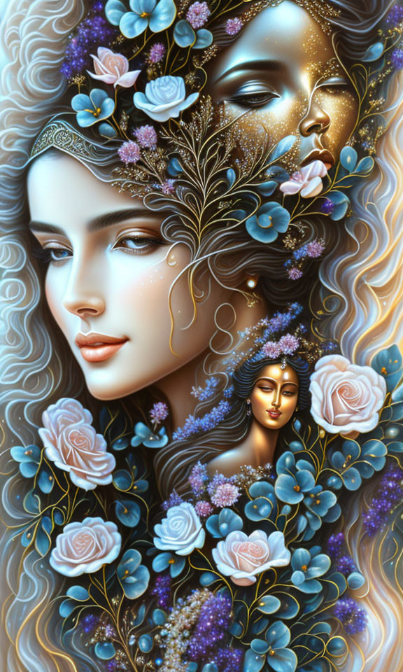 Illustration of Two Women's Faces with Floral Elements in Pastel and Gold Tones