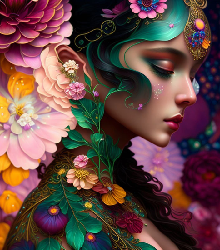 Colorful portrait of a woman with teal hair and floral accessories blending into lush backdrop