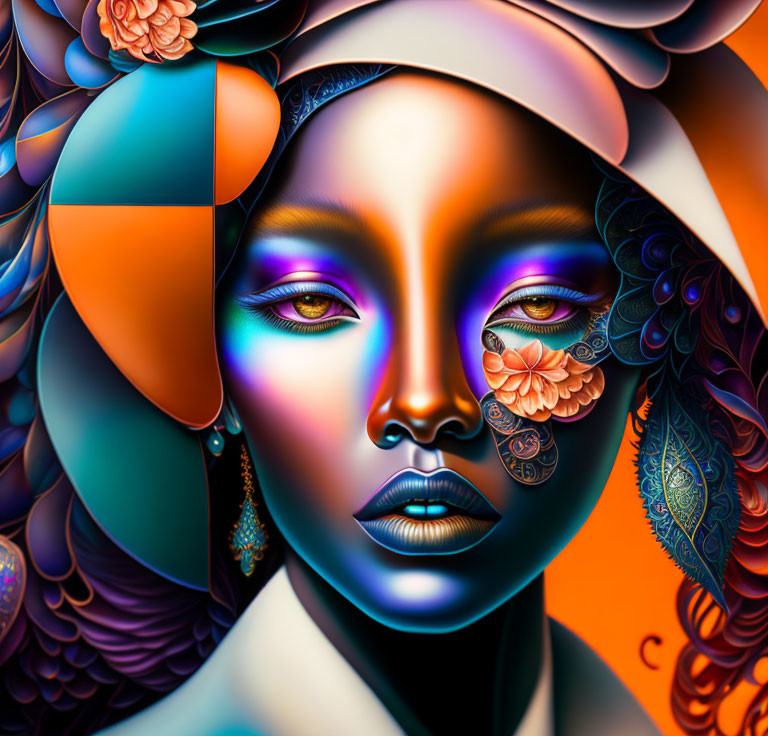 Colorful Digital Artwork Featuring Woman with Patterned Skin and Blue Eyes