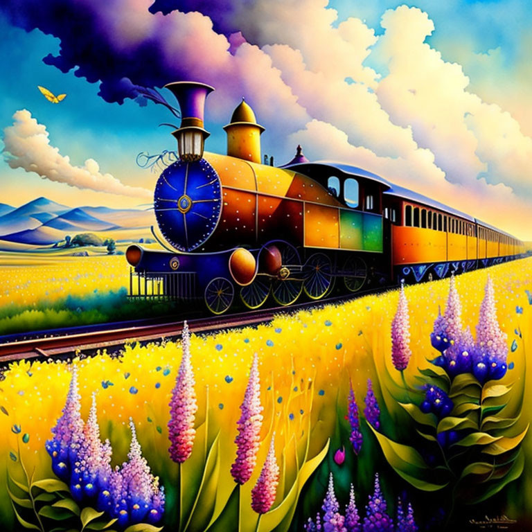 Colorful Stylized Vintage Train Painting with Fruit-Themed Wheels and Flower Field Scenery