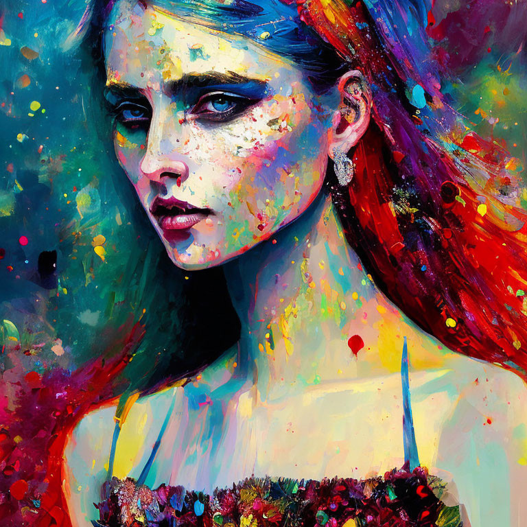 Colorful Portrait Painting of Woman with Striking Blue Eyes and Floral Elements