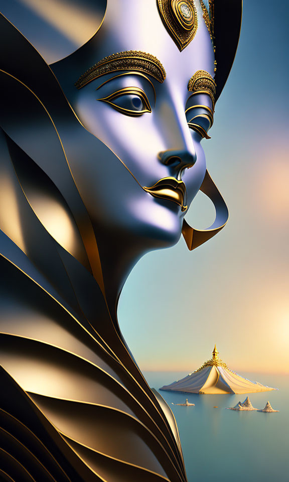 Golden figure digital portrait overlooking serene seascape with sailboats