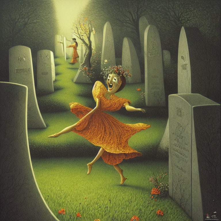 Whimsical painting of joyful figure in mask and flower crown dancing among gravestones