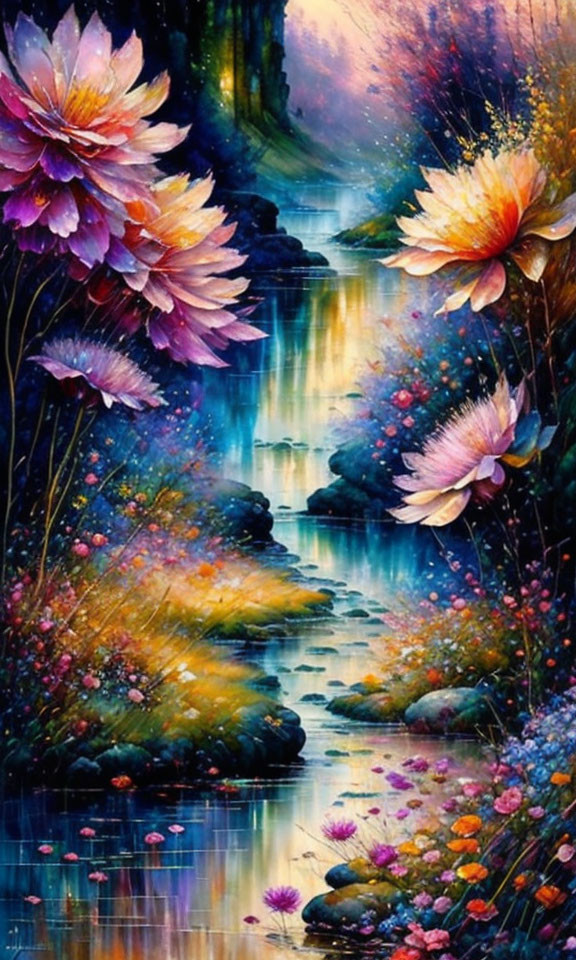 Colorful Painting of Magical Stream with Lush Foliage and Oversized Flowers