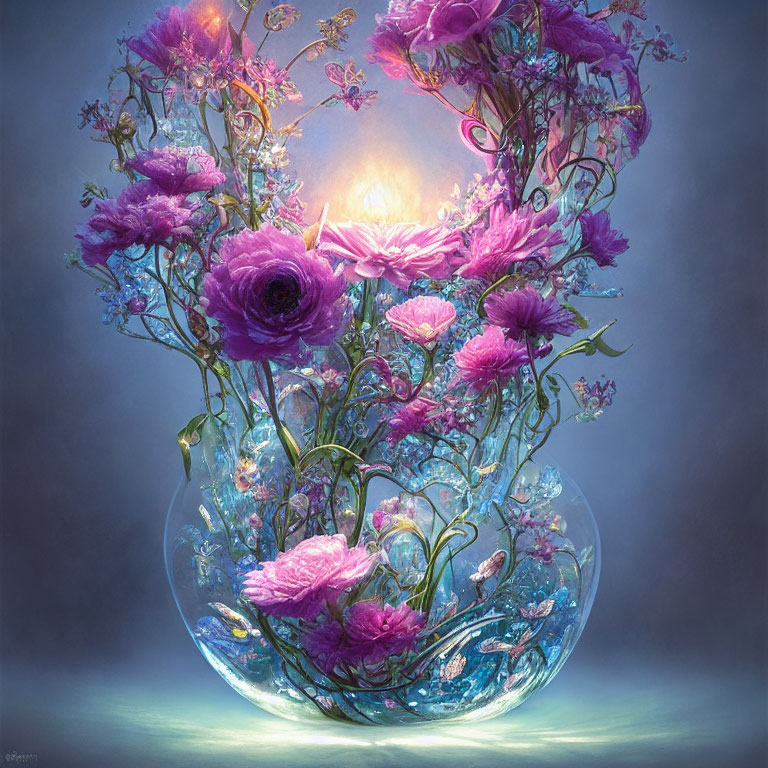 Colorful digital artwork: Glass vase with glowing purple and pink fantasy flowers