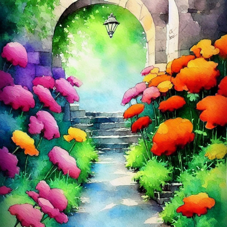 Colorful Watercolor Painting of Garden Path with Flowers and Stone Archway