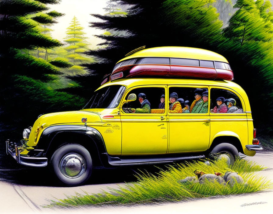 Vintage yellow bus with passengers in lush green forest, turtle in foreground