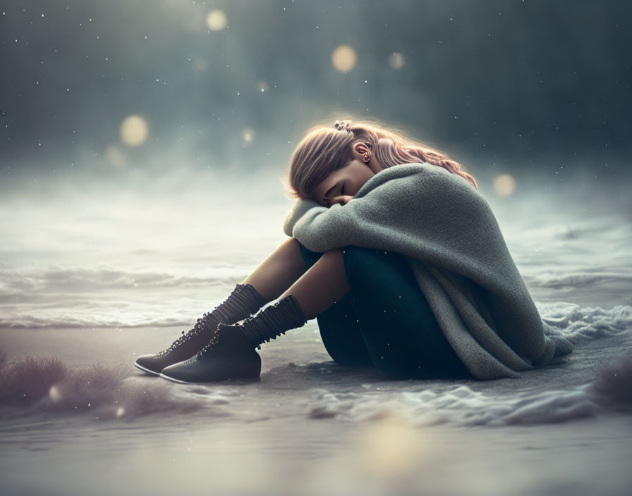 Person resting in snowy landscape under dusky sky