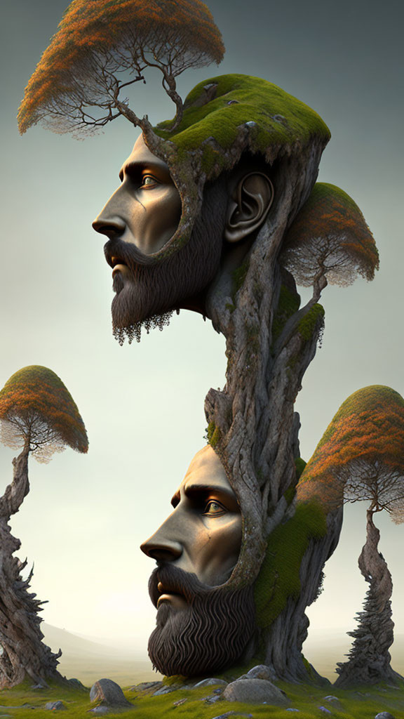 Surreal artwork: Tree trunks with human faces, branches as hair, against dusky sky