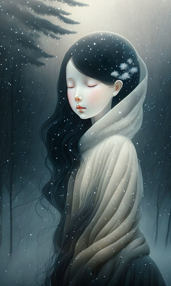 Illustration of girl in beige shawl in snowy forest