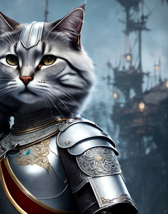 Cat in medieval armor with human-like expression and fortress background