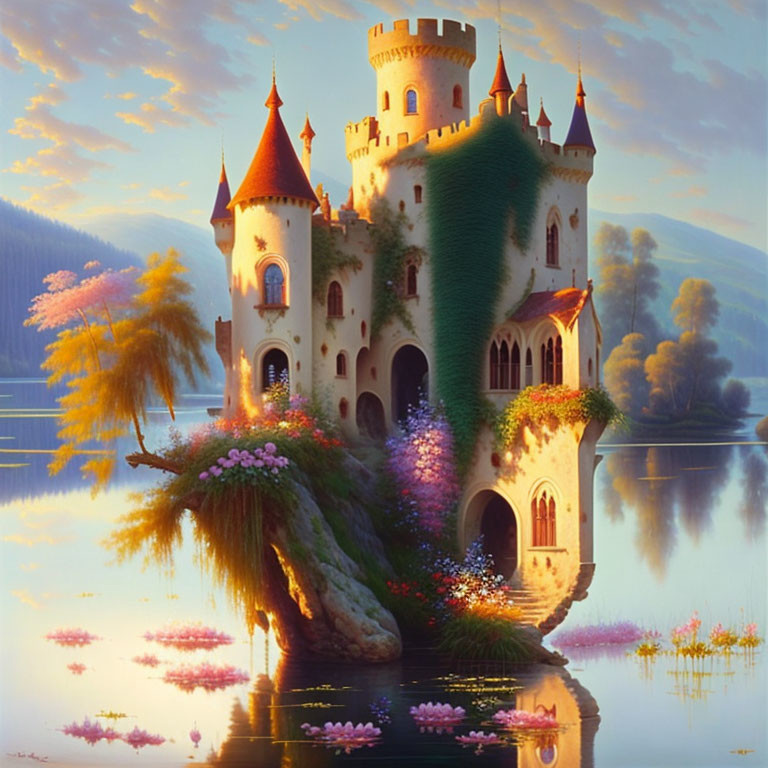 Majestic castle on lush islet with colorful flowers and serene lake