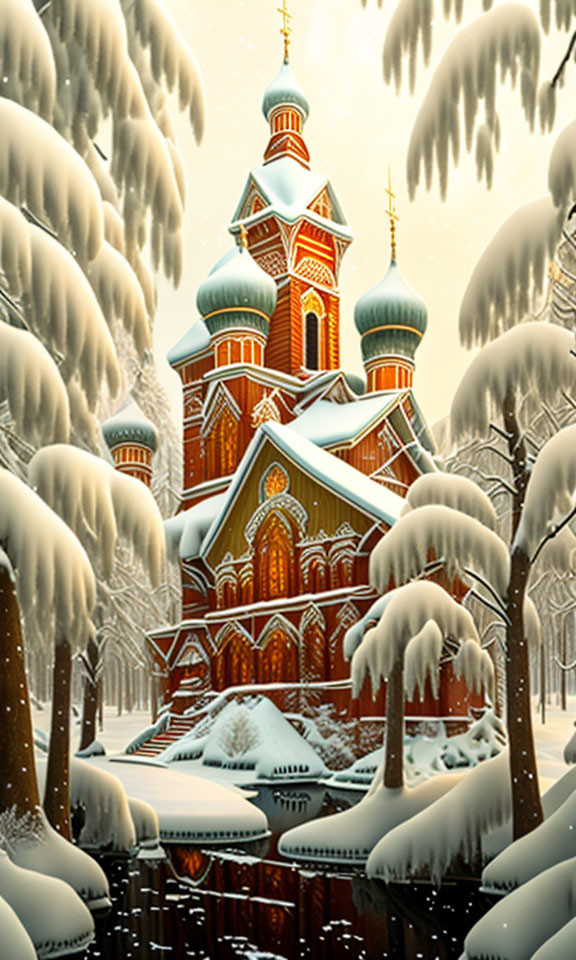 Traditional church in winter landscape with red and green architecture.