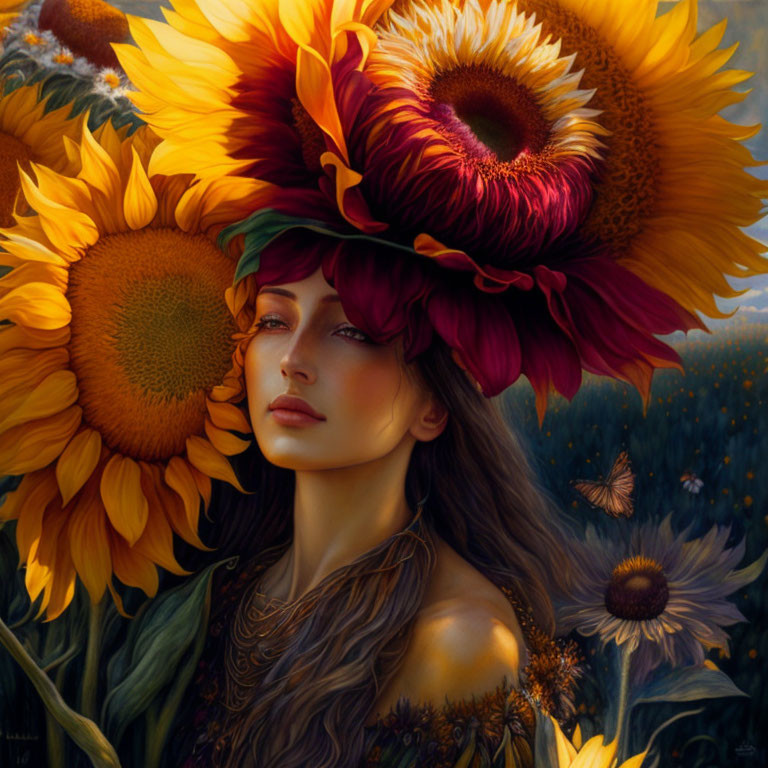 Woman with serene expression adorned with sunflower crown in lush field