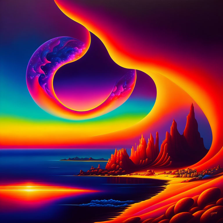 Colorful surreal landscape with crescent moon, ocean, and gradient sky.