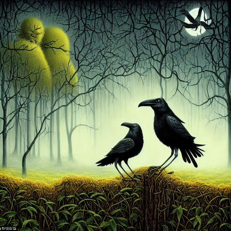 Surreal artwork of ravens, moon, and luminous figure in misty forest