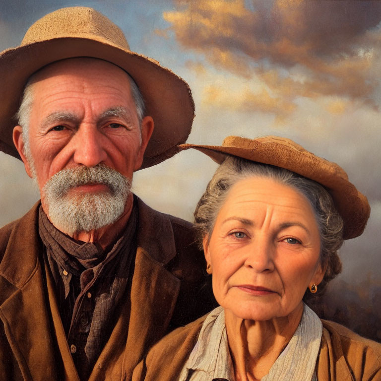 Elderly couple in vintage attire and hats under cloudy skies