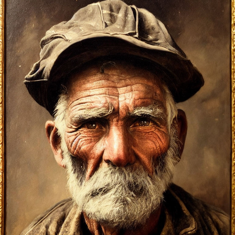 Elderly man with weathered face and grey beard in cap gazes thoughtfully.