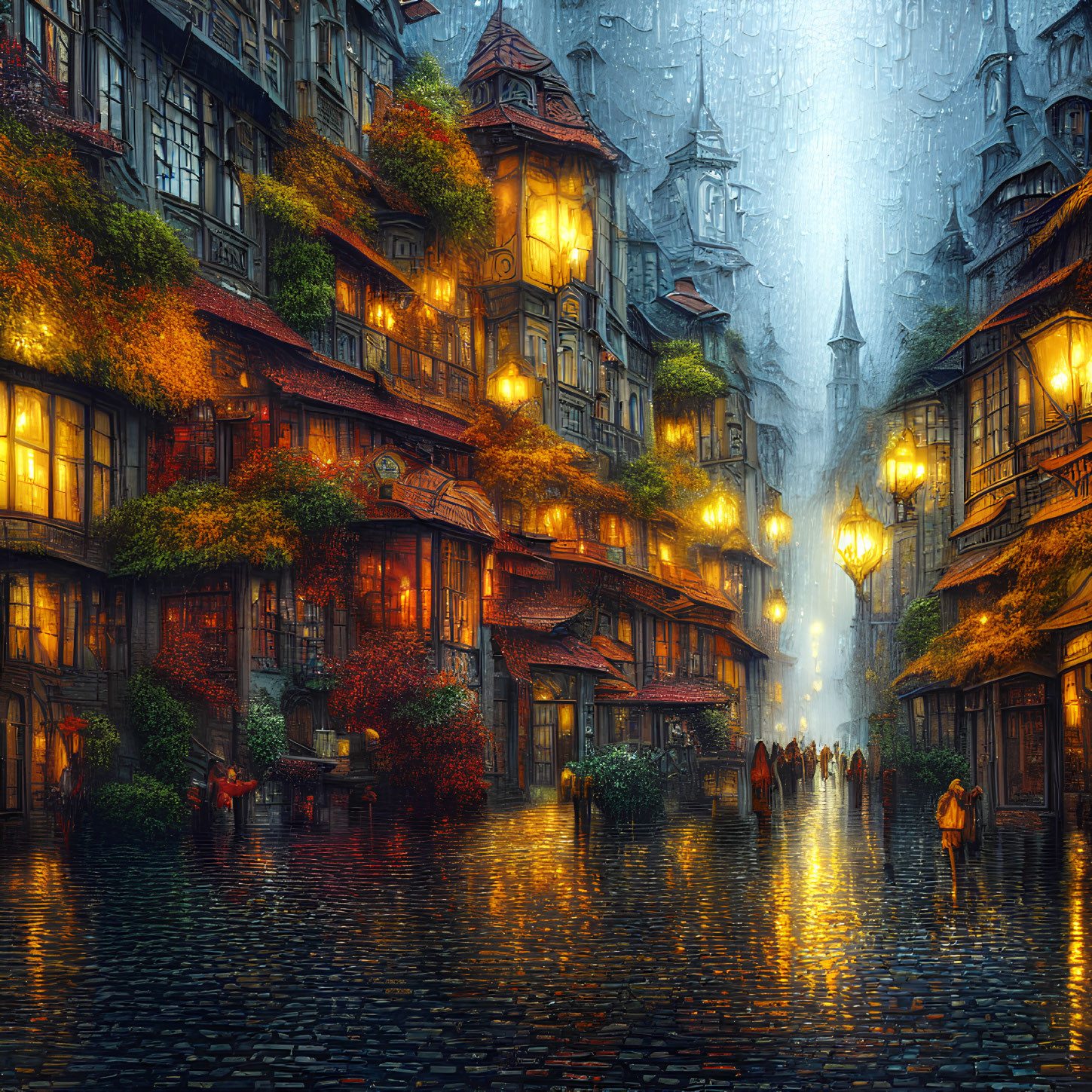 Cobblestone street with old-world buildings at twilight rain