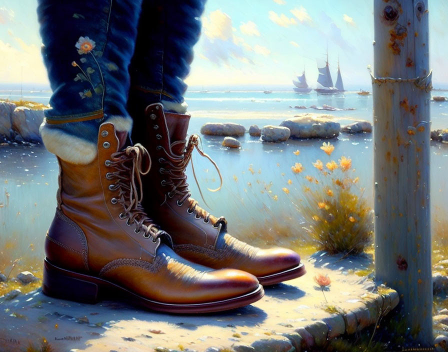 Leather boots by the sea with sailboats and flowers