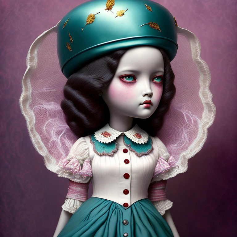 Portrait of a doll-like girl with large eyes and wavy hair in a turquoise hat with golden bees