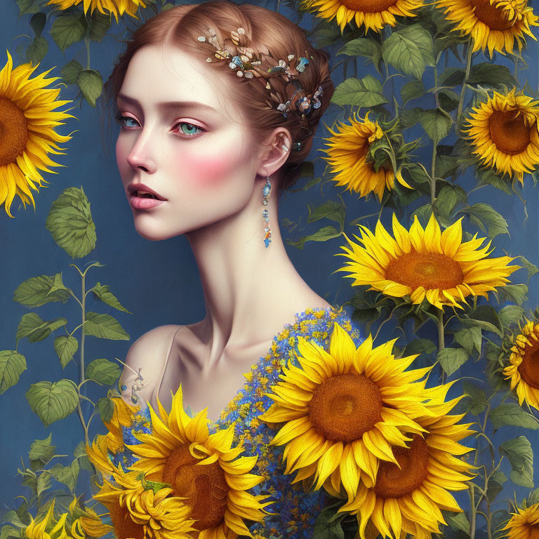 Fair-skinned woman with floral hairpiece in fantasy art surrounded by sunflowers