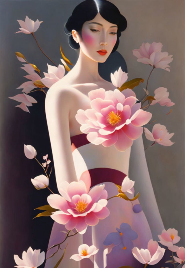 Stylized painting of woman with pink flowers and serene expression