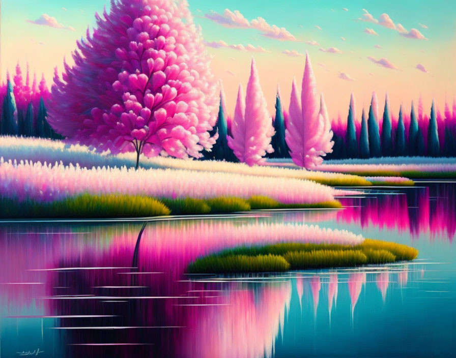 Surreal pink and purple landscape with stylized trees and calm water