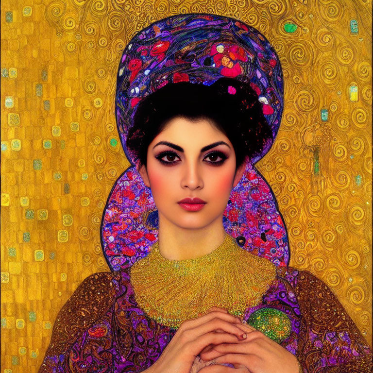 Colorful mosaic outfit and dramatic makeup on a woman in a Gustav Klimt-inspired setting