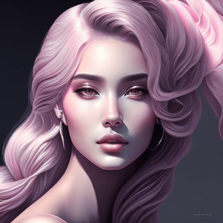 Digital Artwork of Woman with Voluminous Pink Hair and Captivating Features