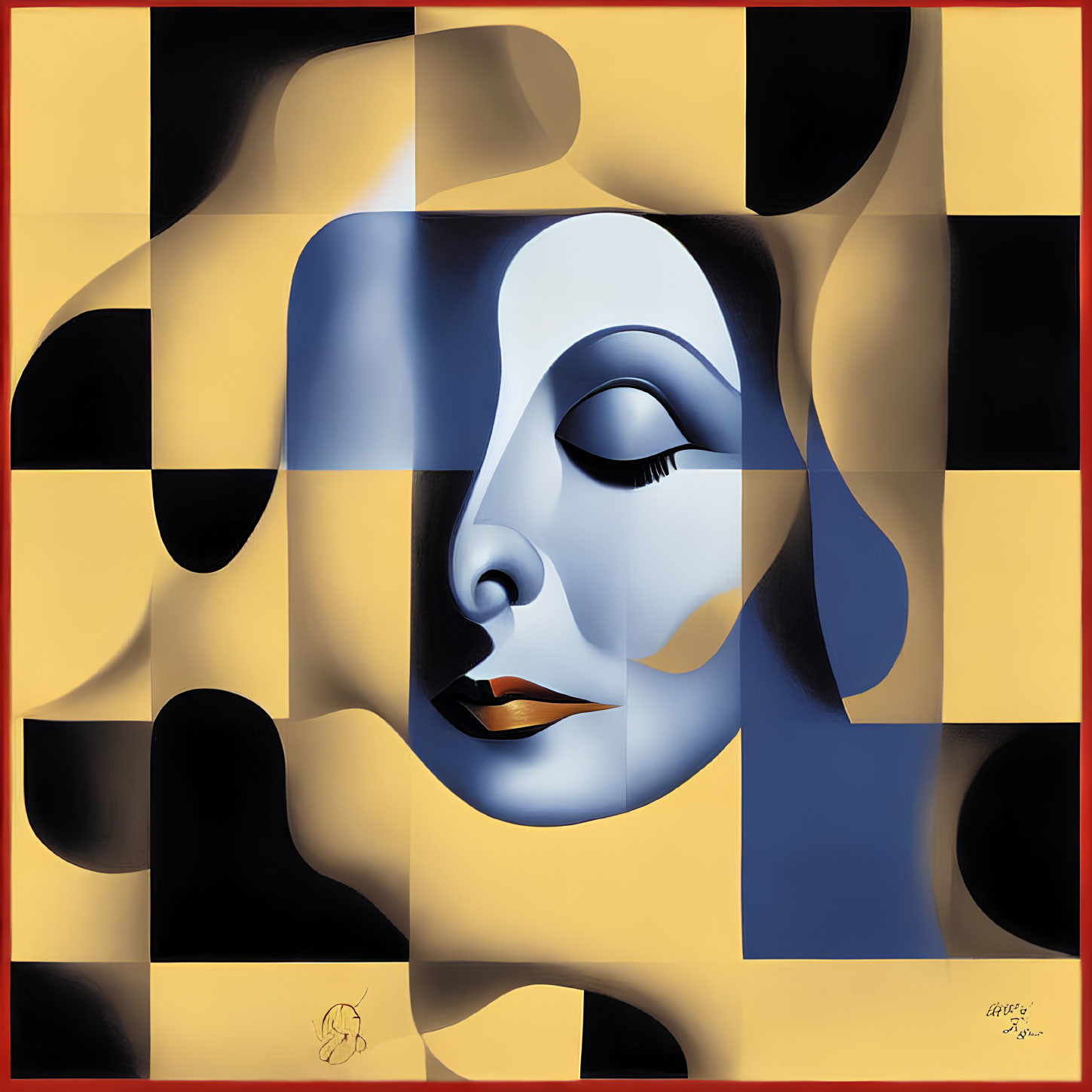 Fragmented female face on checkered background: Surrealistic painting