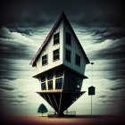 Surreal inverted house with sharp base and two men in unusual positions