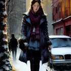 Illustration of woman in blue coat with handbag on snowy street