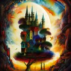 Vibrant fantasy landscape with stylized mountains, castles, and rainbow sky