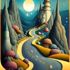 Colorful painting of a road to a castle in whimsical landscape