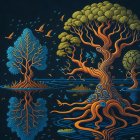 Colorful surreal tree with golden foliage and blue flowers in underwater scene