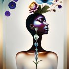 Woman with Purple Skin and Floral Crown and Geometric Floral Stem Portrait