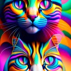 Colorful Psychedelic Cat Artwork Against Rainbow Background