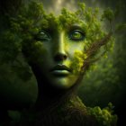 Surreal woman's face with tree branch patterns and foliage, featuring small figure.