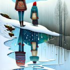 Stylized figures in surreal snowy landscape with upside-down trees and icicles