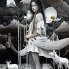 Long dark hair person in white dress surrounded by white roses and deer in surreal monochromatic setting.