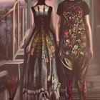 Vintage Dresses: Elegant Women on Stairs with Red Flowers, Lantern, and Bat